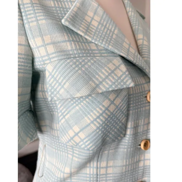Vintage 70s‎ Light Blue Plaid Safari Womens Suit Act iii - Image 7