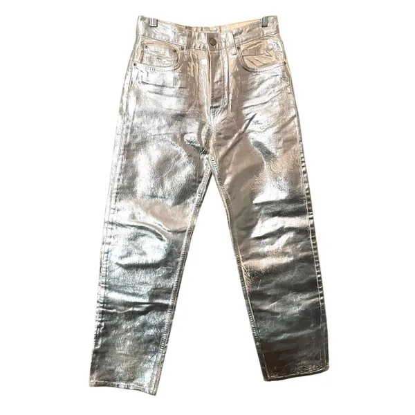 ZARA Metallic Mid-Rise Boyfriend‎ Jean Silver Sz 6 - Image 4