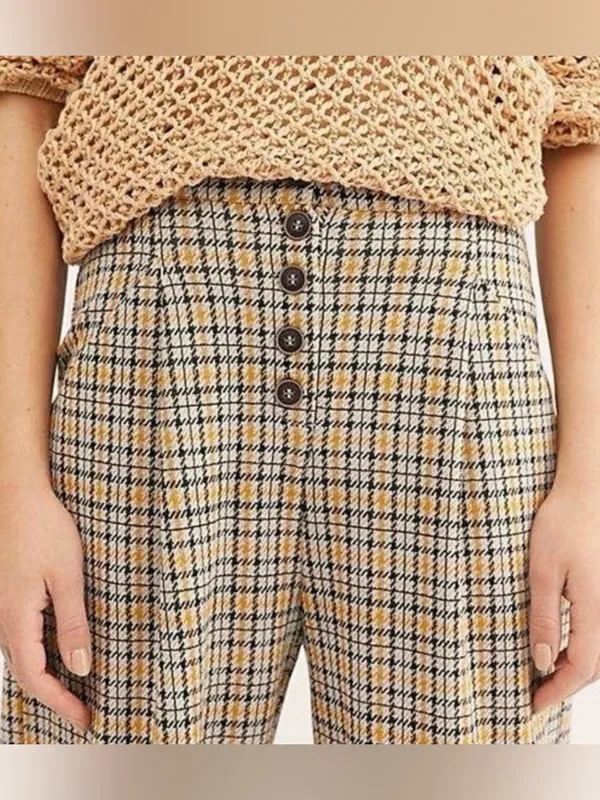 Free People Posey Plaid High Waisted Pleated Carrot Trousers Pants Yellow - Image 3
