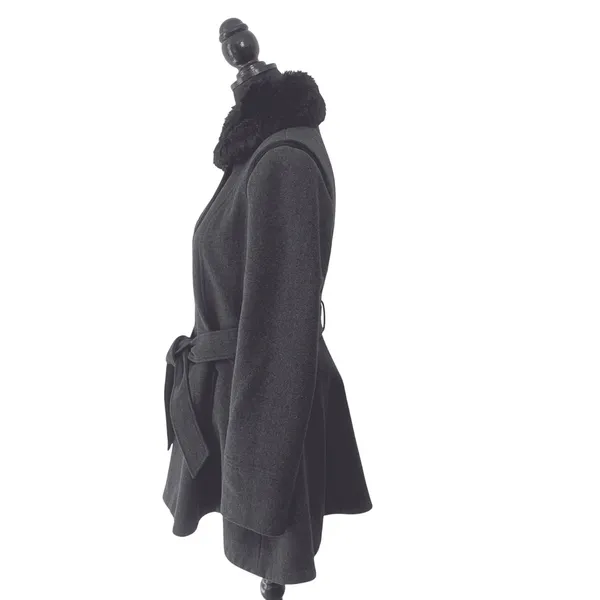 Laundry by Design Women Charcoal Gray Wool Blend Faux Fur Collar Belted Coat M - Image 3