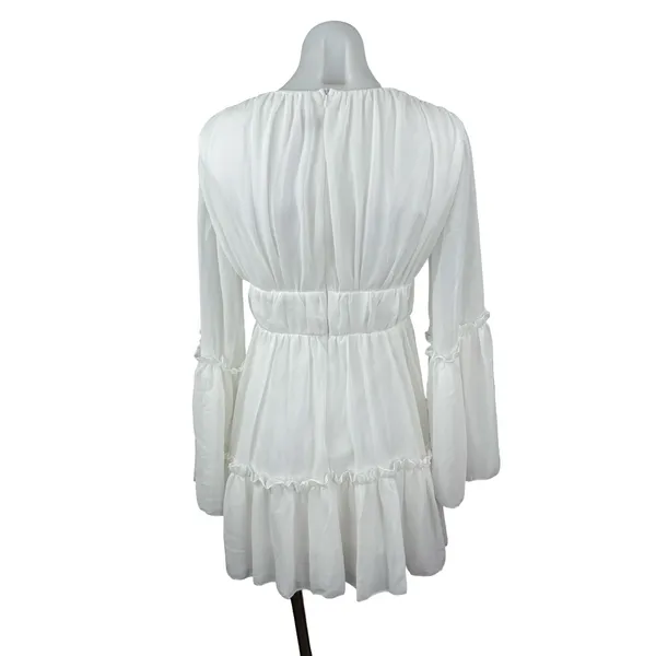 Miss Ord Women's White Deep V Neck Long Sleeve Tiered Mini Flare A-Line Dress XS - Image 3