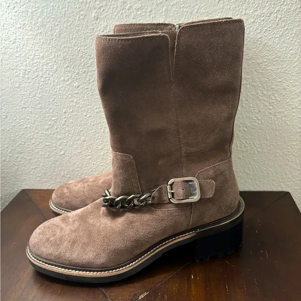Vince Camuto Keshilla Boots Women's 7.5 Mid Calf Brown Suede Chain Trim Lug Sole - Image 2