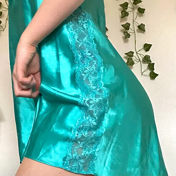 Thalia Sodi Vintage Y2K 90’s Silk Blue Green Lace Panel Slip Nightgown Dress - Image 5