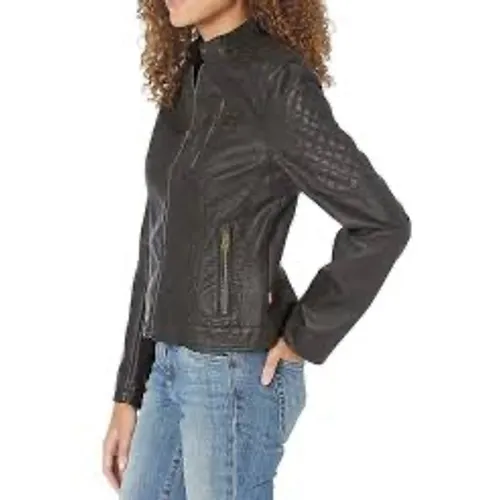 Levi Strauss Moto Jacket Womens Size M Brown Good Faux Leather Quilted Edgy - Image 2
