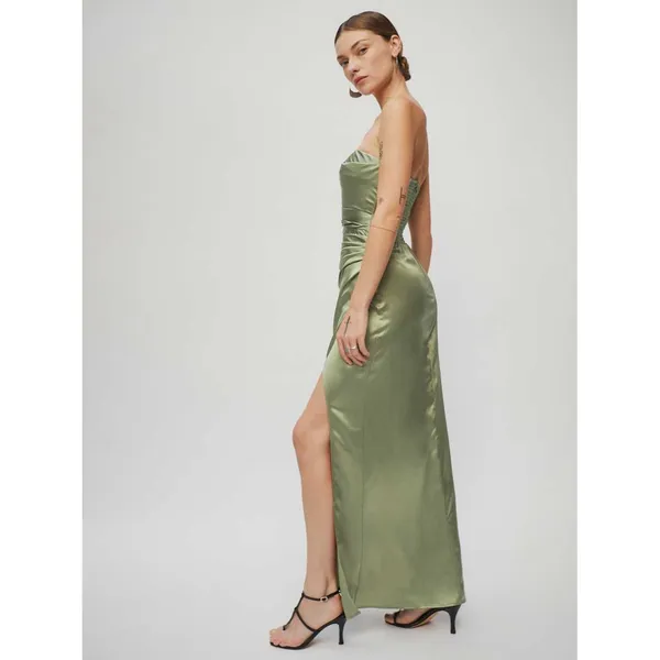 Reformation Barrow Silk Dress Artichoke Green Strapless Maxi Slit Size 8 NWT - Image 4