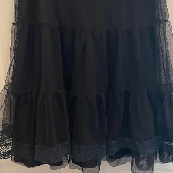 Free People‎ Black Tiered Mesh Blue Lace Trim Mini Skirt Small Ballet Vamp Goth - Image 2