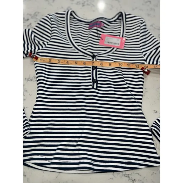 Edikted Women's XS Slim Fit Navy & White Knit Long Sleeve Henley Tee‎ - Image 4
