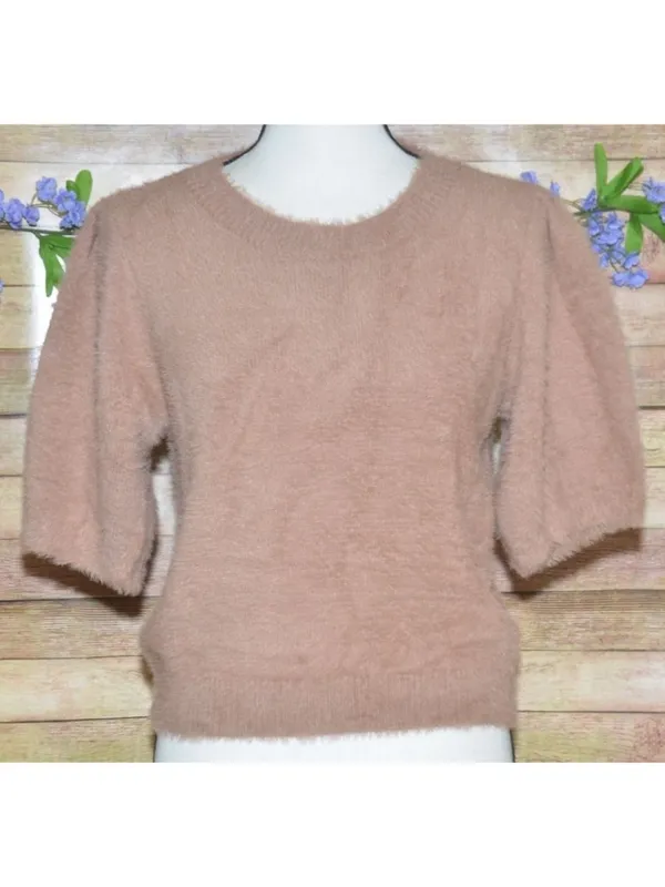 Buddy Love Ladies Brown Half Puff Sleeve Crop Sweater Top Size L Fuzzy Eyelash - Image 2