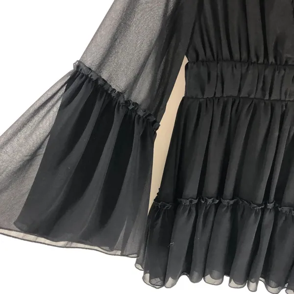 Miss Ord Black Tiered Ruffle Sheer Bell Sleeve Chiffon Top Tunic Zipper Back M - Image 2