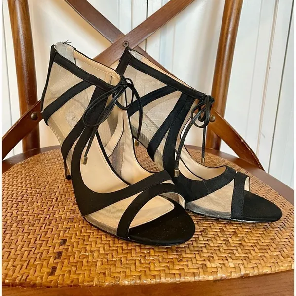 Nina Caleya black mesh tie closure stiletto heels sz 8 - Image 9
