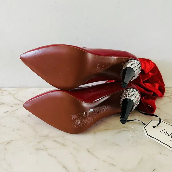 2010 LANVIN x H&M Red Patent Leather Ribbon Rhinestone Heel Pumps - EUR 37 /US 6 - Image 8