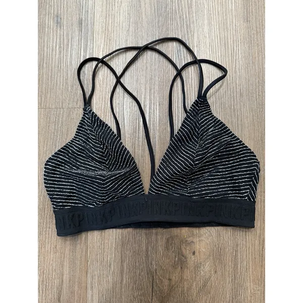Victoria's Secret‎ Bra Medium Black Unlined Wirefree Silver Stripe Logo - Image 2