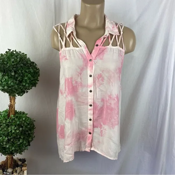 Mono B Pink & White Tie Dye Sleeveless Strappy Top L - Image 2