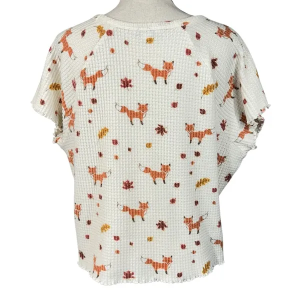 American Eagle X-Large Pajama Top Fox Print Waffle Knit Thermal Short Sleeve - Image 5