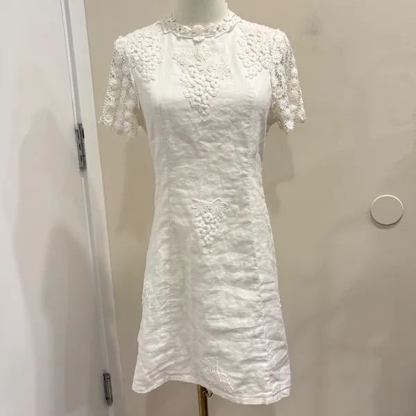 Corey Lynn Calter Anthropologie Lorient White Linen Crochet Mini Dress 6 Cottage - Image 3