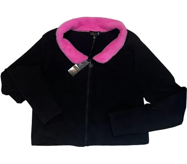 Delia’s By Dolls Kill Caught On Camera Zip Up Sweater Faux Fur Pink Collar Sz 3X - Image 3
