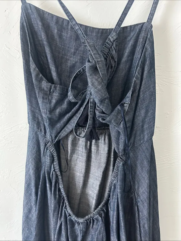 Ariat flowy dark blue open back distressed western Denim Spaghetti Midi Dress - Image 3