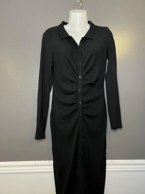 Zara Shirt Dress Womens Large Black Ruched Button Front Collared Knit Midi - Image 2