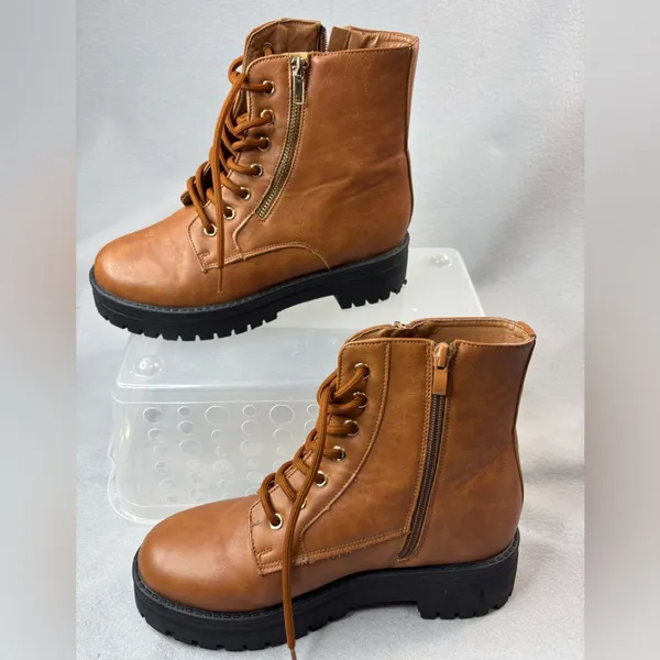 TOP Moda 7.5 Lug Sole Chunky Zip Lace Tan n Black Combat Ankle Boots Booties - Image 2