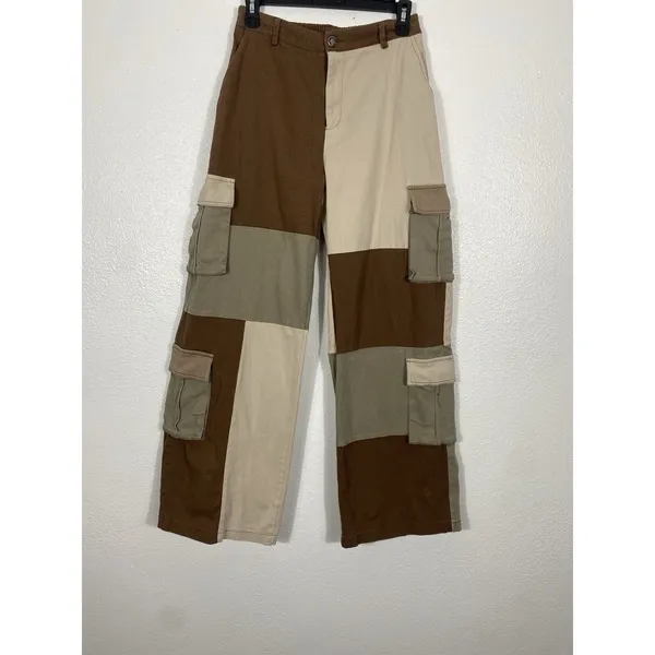 Hot & Delicious Patchwork Cargo Pants Brown Beige Olive Cotton Relaxed Women's M - Image 2