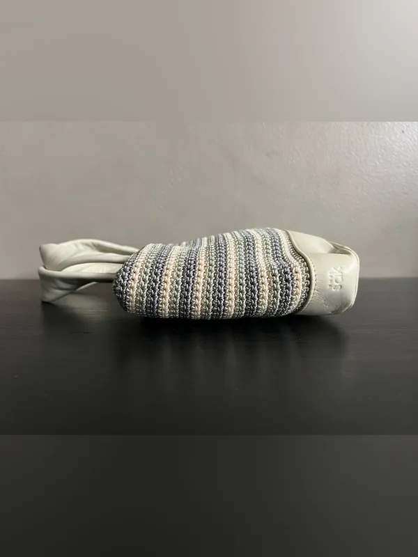 The Sak White Gray Seafoam Striped Crochet Tote Bag Leather Trim Mini Tote Purse - Image 11