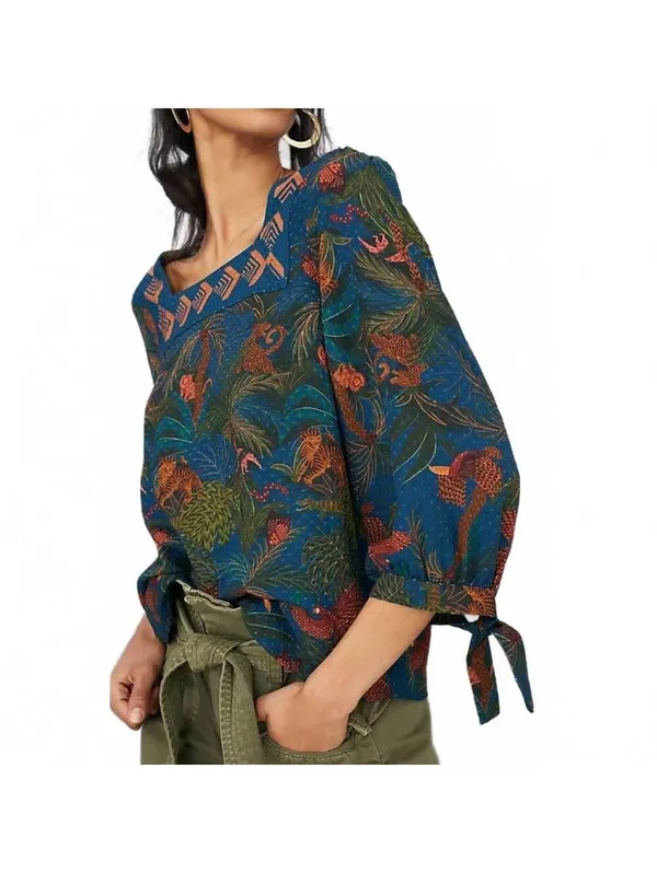 Anthropologie Farm Rio Bianca Blouse Puffed Sleeve Jungle Print Square Neck XS - Image 5