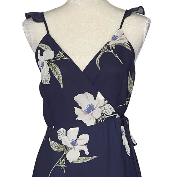 Lulus All Mine Floral Print High Low Wrap Dress Women’s Size L Navy - Image 4
