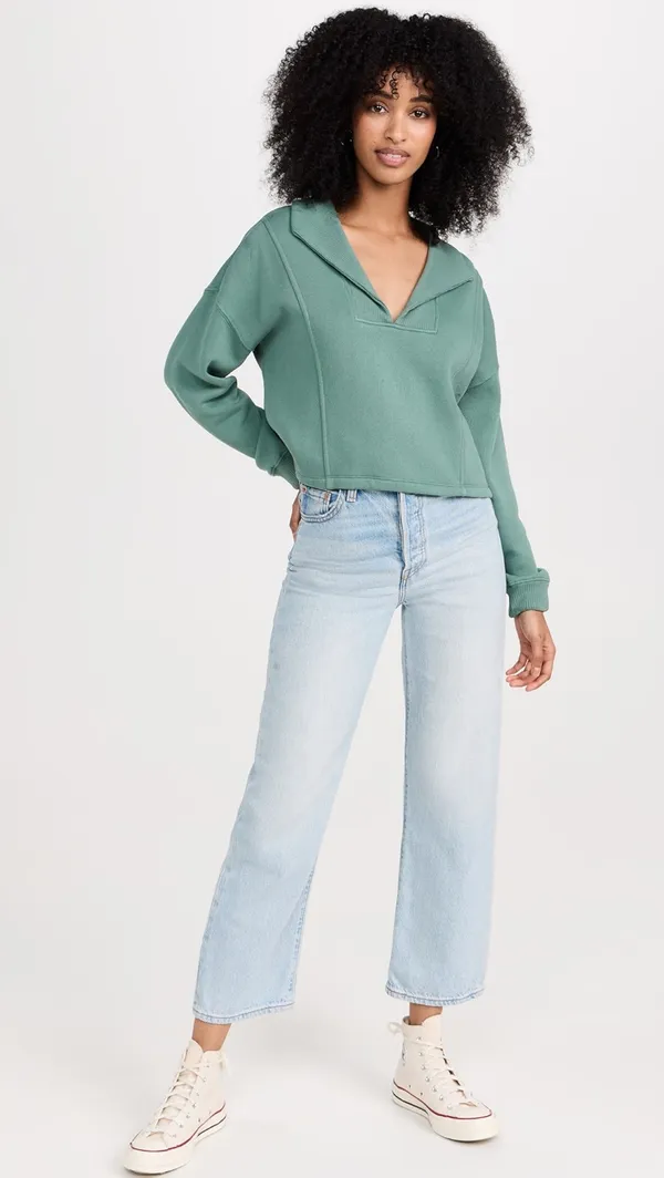 Z Supply Soho Fleece Cropped Relaxed Fit Collared Sweatshirt Calypso Green - Image 2