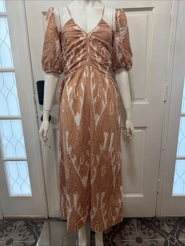 Mirth 100%cotton Rust Tie-Dye Midi Dress with Puff Sleeves size medium - Image 2