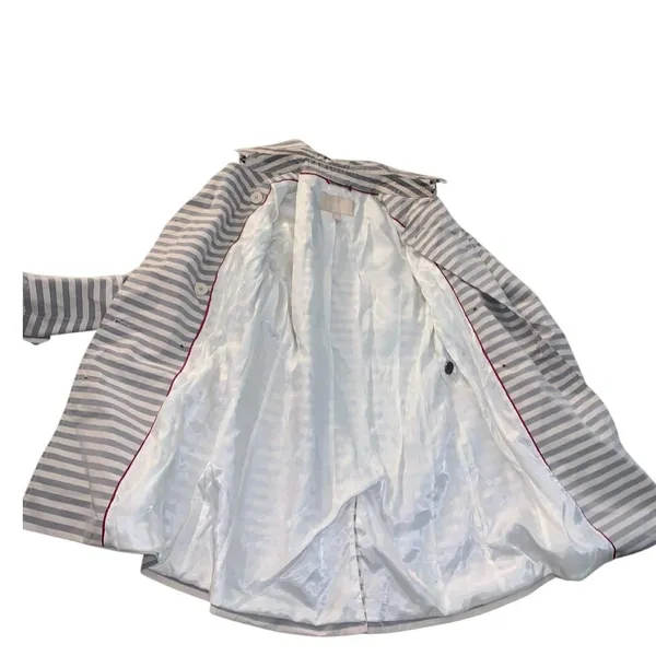 Banana Republic Trench Coat‎ Women S Gray White Stripe Belted Preppy Nautical - Image 4