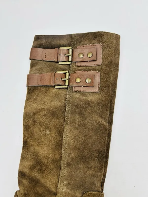 Nine West Taupe Brown Suede Tumble Tall Riding Boots Sz 9 Double Buckle - Image 4