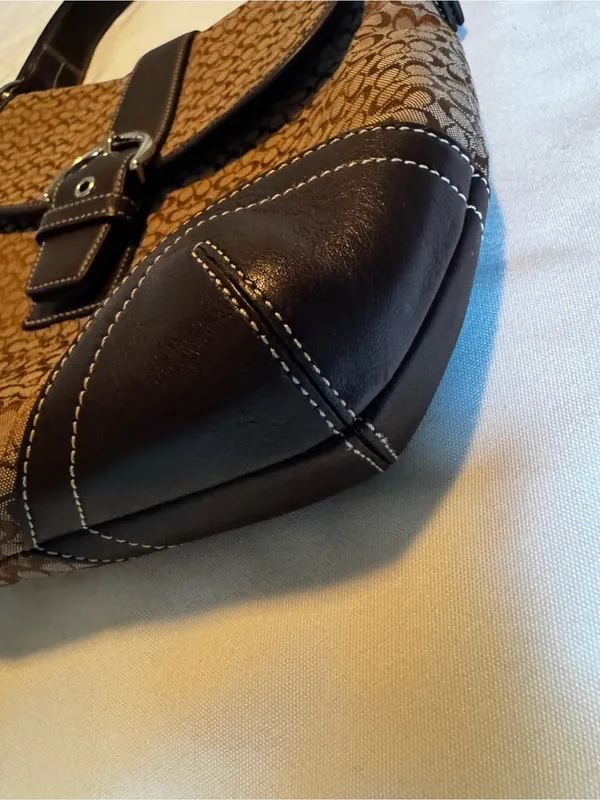 Coach Brown Vintage Signature Canvas Shoulder Bag with Dark Brown Leather Trim - Image 2