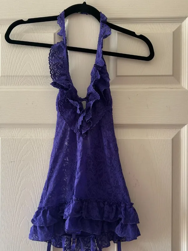 Victorias Secret The Lacie Sheer Lace Halter Babydoll Lingerie Purple Size Small - Image 4