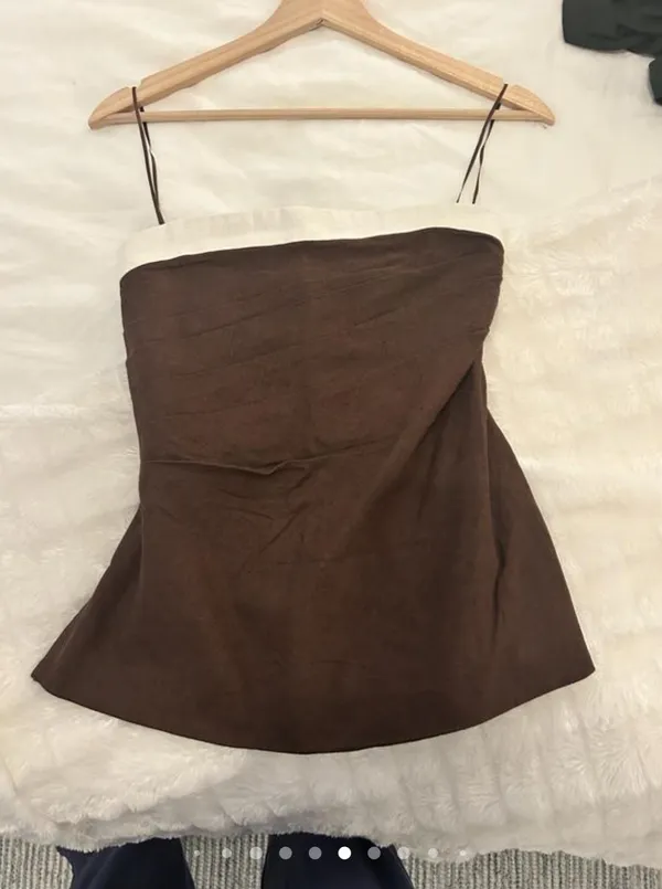 Abercrombie and Fitch AnF Dark Brown White Beige Linen Blend Tube Top Blouse - Image 12
