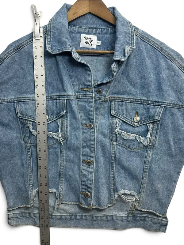 Princess Polly S/M Oversized Distressed Denim Jacket Light Wash Raw Hem - Image 7