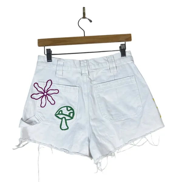 PacSun Carpenter Embroidered Graphic Raw Hem Denim Shorts White Indie Size 28 - Image 4