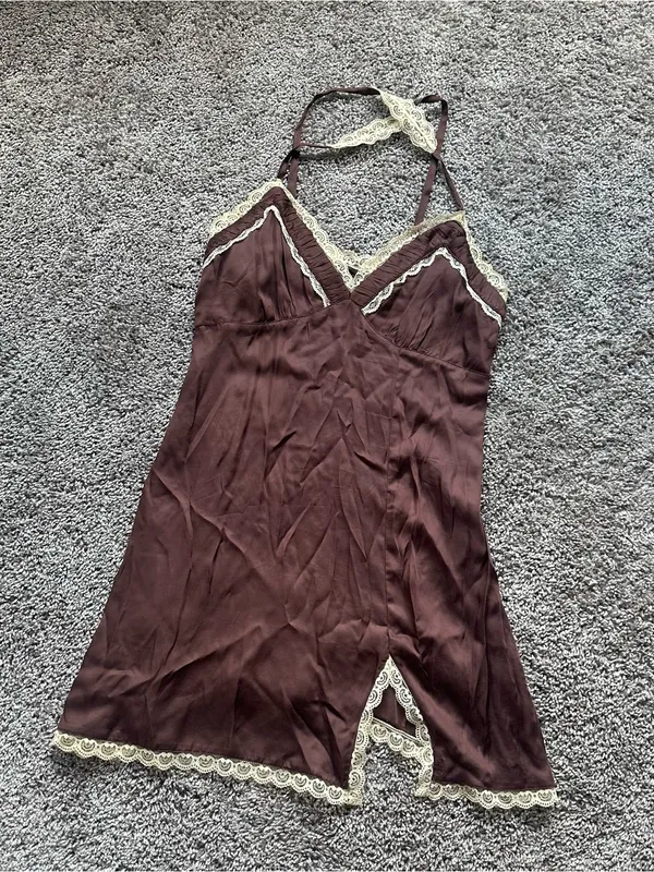 Urban Outfitters Brown Satin Lace-Trim Mini Chemise - Image 2