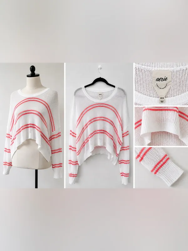 Aerie Open Knit Striped Sweater Medium White Coral Pink Oversized High Low Hem - Image 2