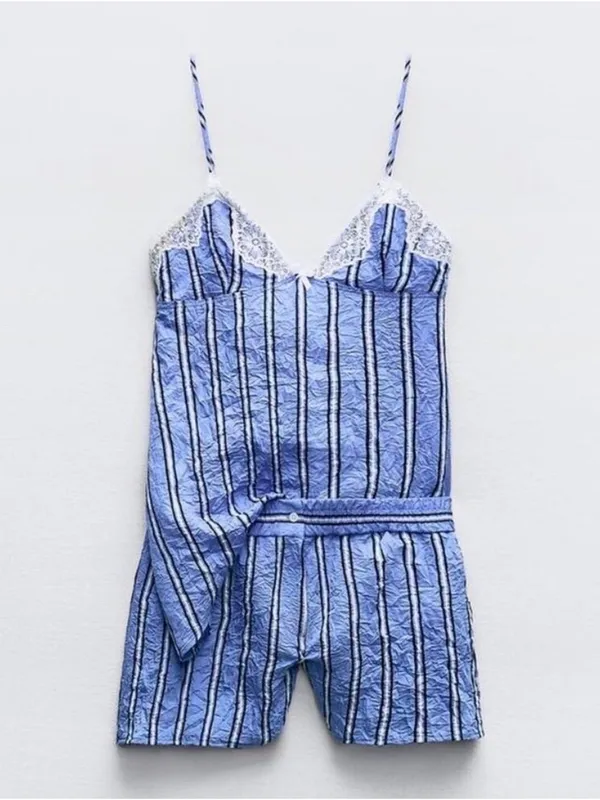 NWT Zara Wrinkle effect short striped Lace trim jumpsuit. Size Small‎ - Image 3