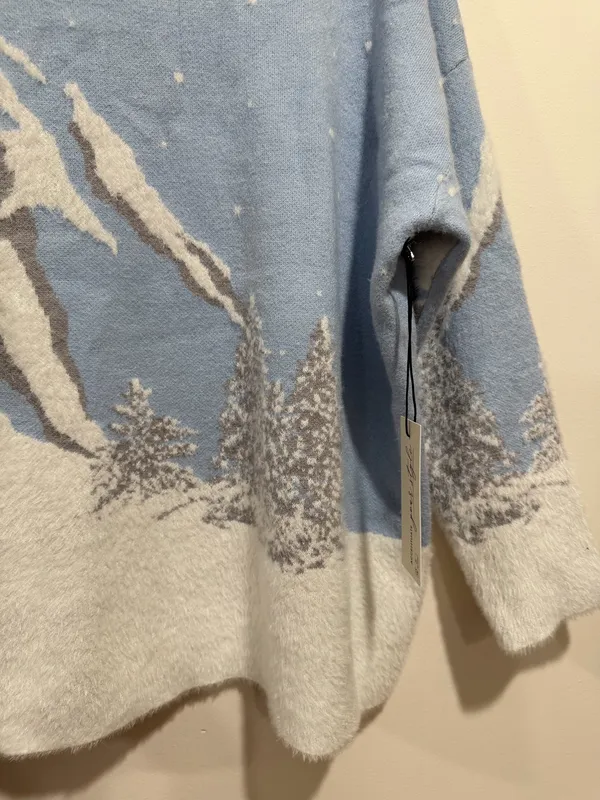 Rachel Zoe Blue White Mountain Snowy Winter Fuzzy Sweater Size 2x - Image 5