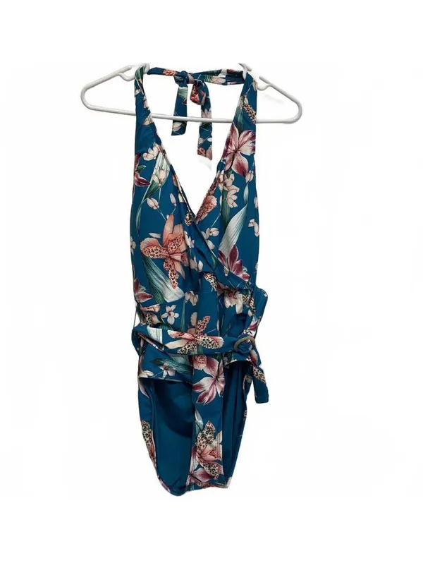 La Blanca Teal Floral Wrap One Piece Halter Tummy Control Swimsuit Size 12 - Image 3