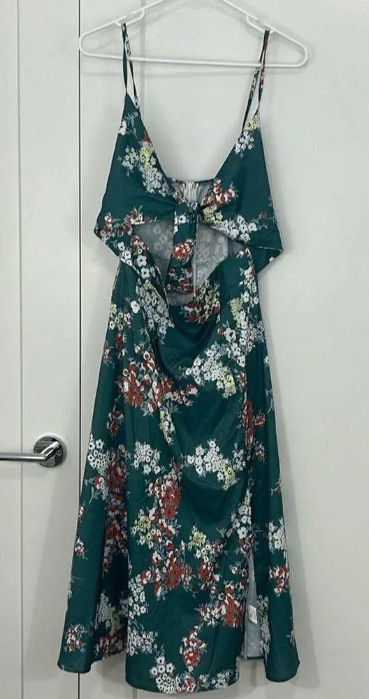 Medium Green, White Floral Tie Front Faux Wrap Midi Dress - Image 7