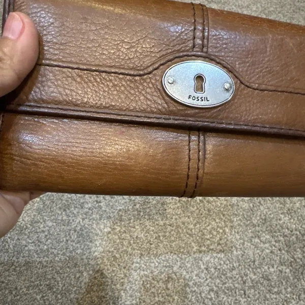 Fossil Brown Leather Continental Wallet Turn Lock Zip Coin Pocket‎ Trifold - Image 2