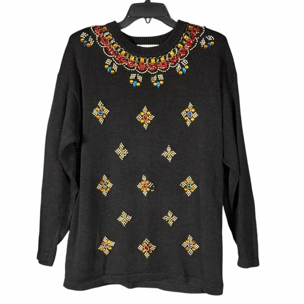 VTG 80s 90s Black Beaded Sweater Size Large Jeweled Embellished Statement Glam - Image 2