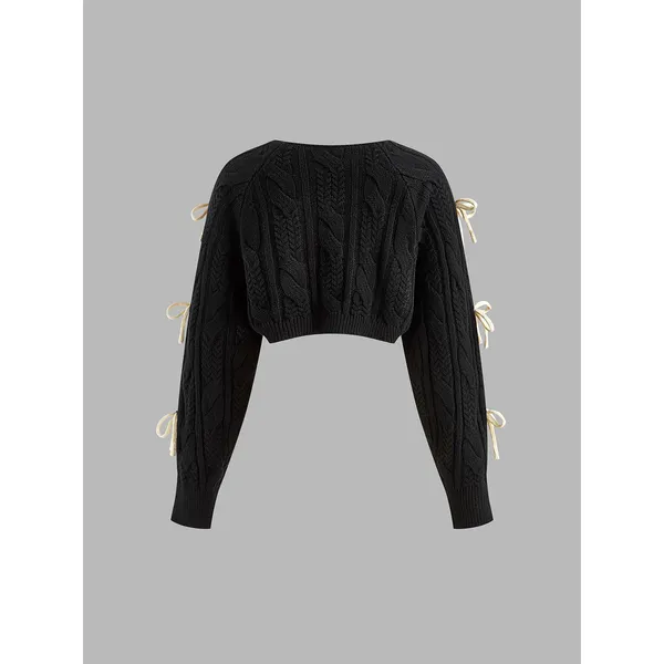 Commense Bow Knotted Cropped Cable Knit Cardigan Girly Cozy Black NWT XL - Image 3