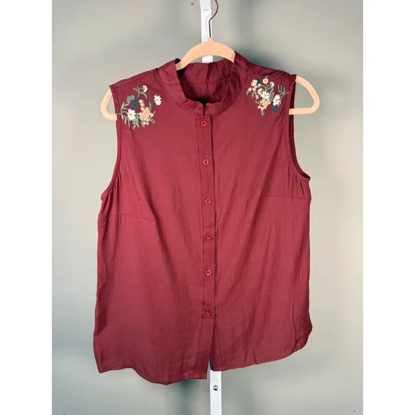 SHEIN‎ Embroidered Floral Boho Cottagecore Sleeveless Button Front Blouse L - Image 2