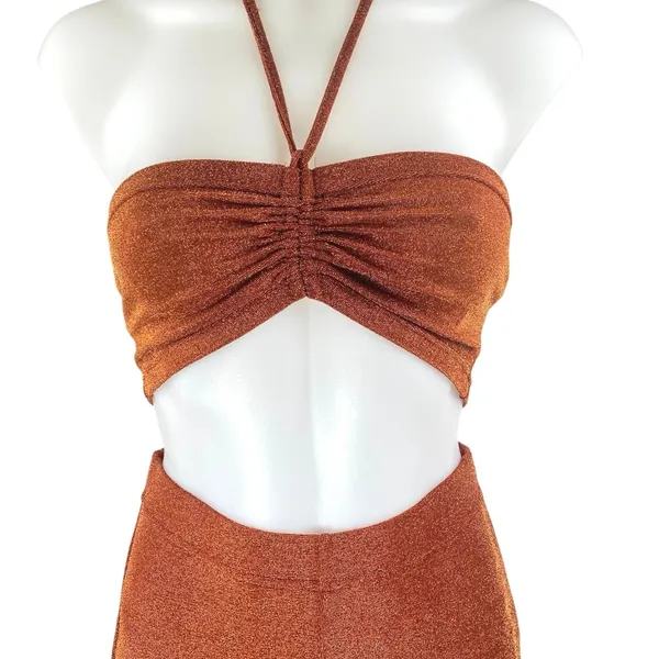Beginning Boutique Stassie Brown Metallic Glitter Halter Top Flare Pants Set 8 - Image 4