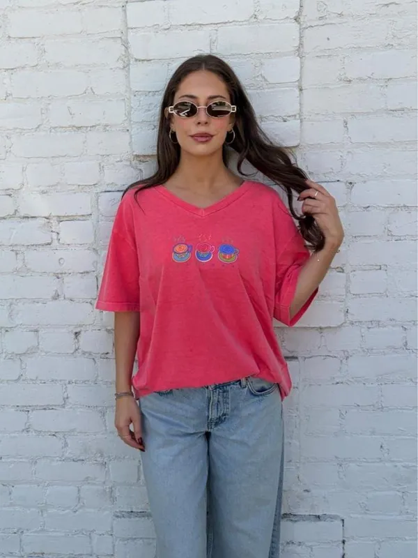 Pink vintage 90s fresh produce graphic tee with three cartoon coffee cups Sz XL #oversized #retro #coffee #hippie - Image 2