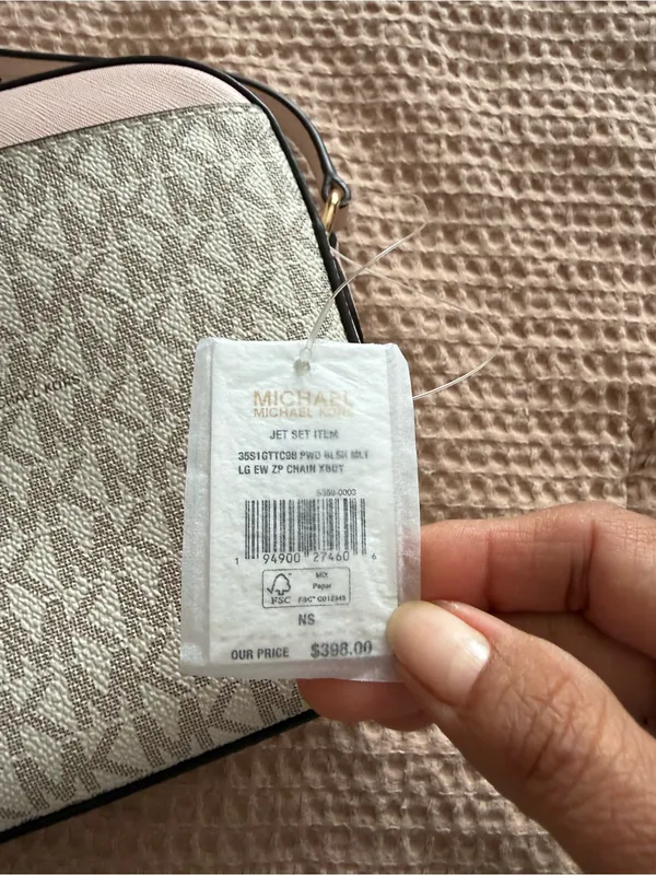 Michael Kors Beige Signature MK Crossbody with Pink Trim and Gold Chain - Image 6