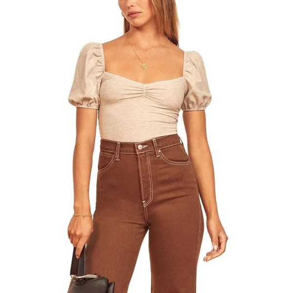 ✨Reformation Jeans Neutral Rochle Puff Sleeve Ribbed Sz Large Bodysuit✨ - Image 2